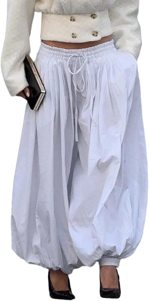 LETSVDO Women's Palazzo Balloon Pants Drawstring Waist Wide Leg Pleated Barrel Harem Pants Baggy ... | Amazon (US)