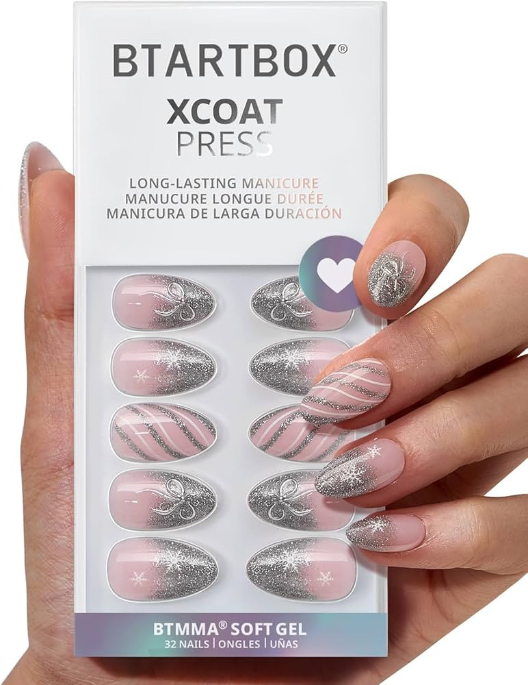 BTArtbox French Tip Press On Nails - Sparkle Bow, Lamp-Curable Short Almond Christmas Press On Na... | Amazon (US)