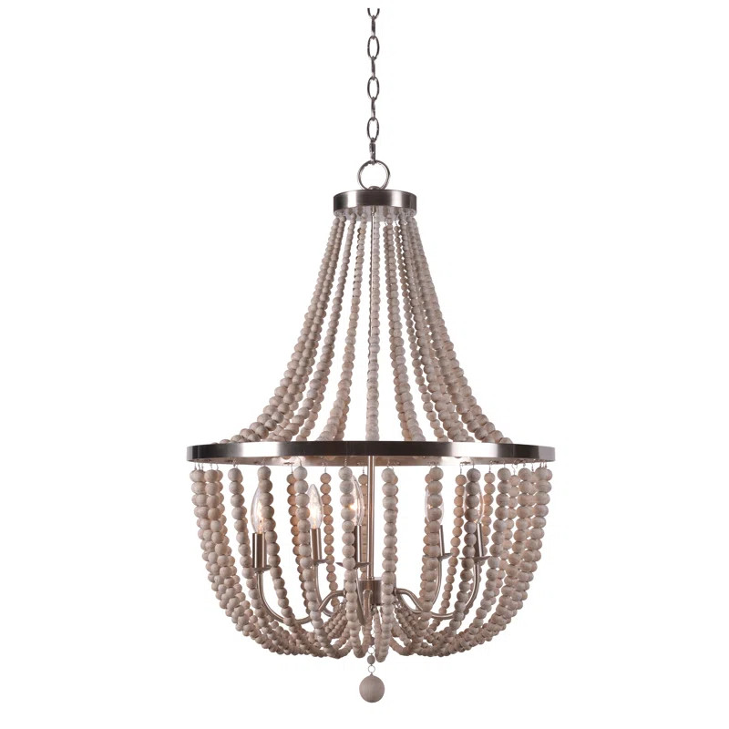 Brushed Steel/White Wood Beads Tilden 5-Light Candle Style Empire Chandelier | Wayfair North America