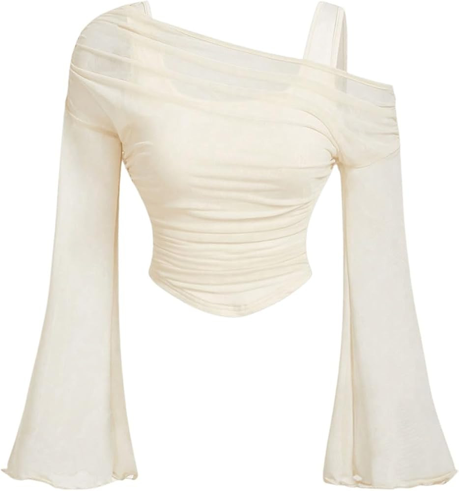 Women's Y2K Off The Shoulder Tops Long Bell Sleeve Mesh Shirt Ruched Crop Top Rave Clubwear | Amazon (US)