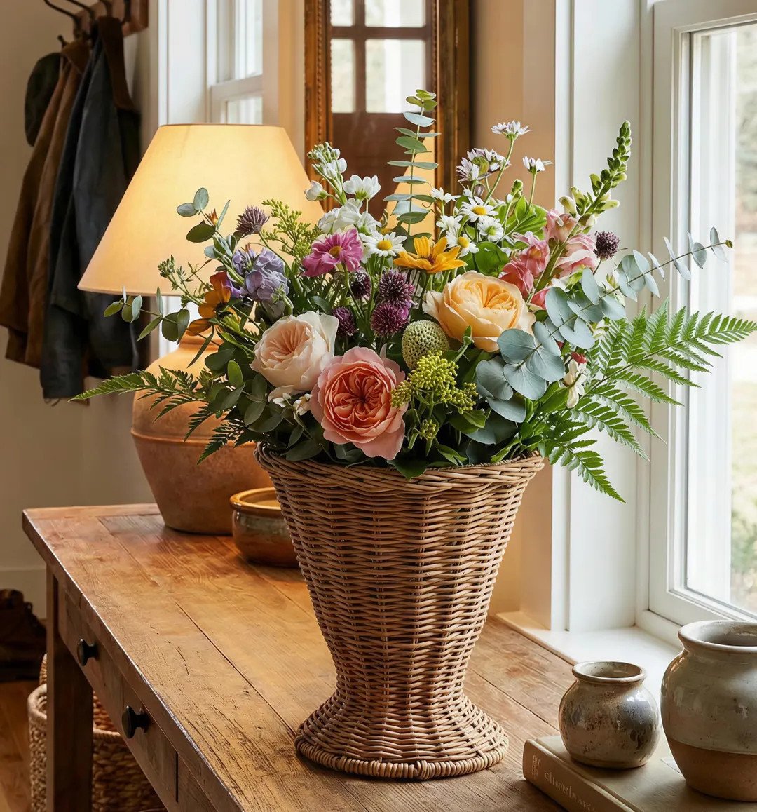 Handwoven Rattan Pedestal Vase | Boho Dried Flower Holder | Farmhouse Table Centerpiece | Sculptu... | Etsy (US)
