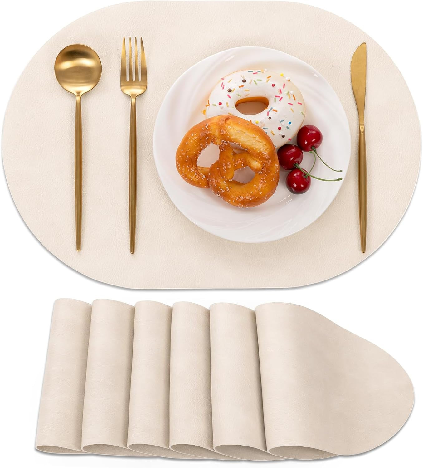 SHACOS Faux Leather Oval Placemats Set of 6 Heat Resistant, White Oak Beige | Amazon (US)