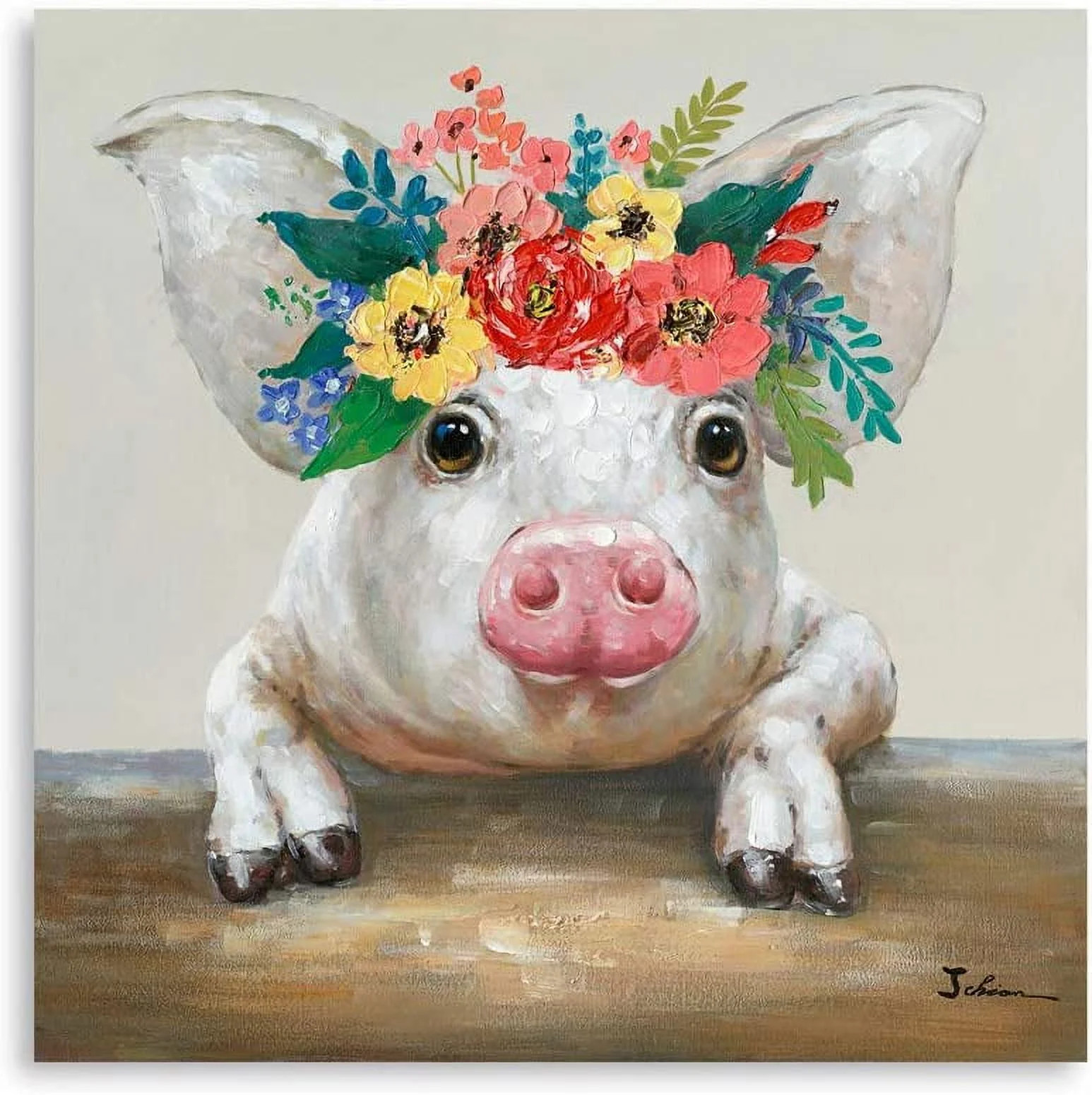 Pig Canvas Picture Wall Art: Rustic Pig Floral Crown Wall Decor Farm Animal Wall Art Pioneer Woma... | Walmart (US)