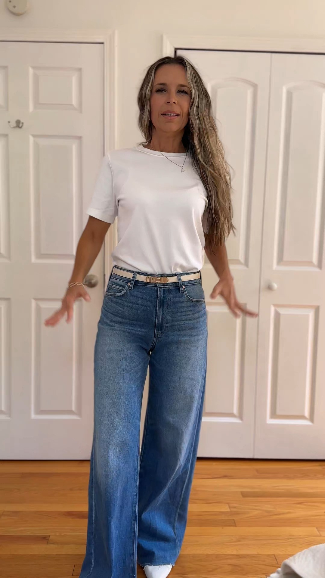 I'm wearing sz 27 in jeans. They have a lot of stretch but don't loose shape. you can easily size down. My waist is 27&quot; I’m 5’5” 122 lbs . 
White pointy toe flats are true to size. Love them, so comfy!
Thin white belt is amazon.

White t shirt is Aritzia, very comfy, high quality and I'm wearing sz S. 
The best t shirt in my opinion.

 

 

#LTKNYFW 

#LTKFallSale #LTKSeasonal