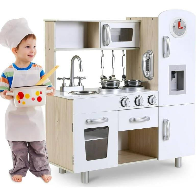 LAZY BUDDY Kids Pretend Play Kitchen, Wooden Kitchen Playset Toddler Toy Kitchen with Realistic L... | Walmart (US)