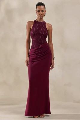 Anthelia | Burgundy Lace And Satin Racer-Neck Maxi Dress With Draped-Detail | Club L London
