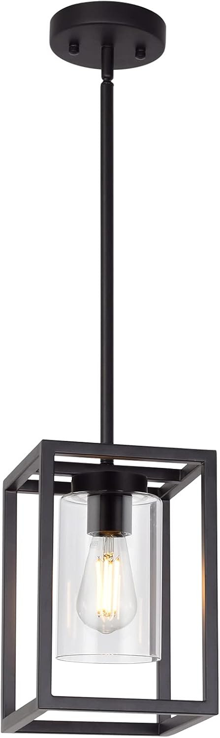 1 Light Farmhouse Pendant Lighting Black Cage Chandelier Glass Shade Contemporary Modern Kitchen Island Lights Fixtures Ceiling Hanging Dining Room Living Room | Amazon (US)