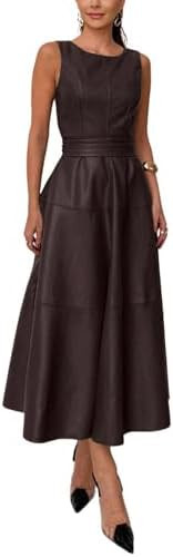 CHARTOU Women PU Faux Leather Sleeveless Elegant Flowy Long Dress Party Night Out Dress with Belt | Amazon (US)