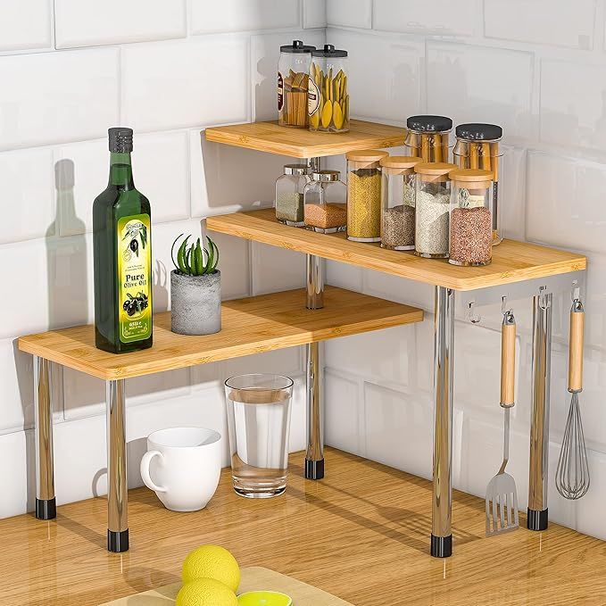 Kitchen Countertop Organizer Corner Shelf - 3 Tier Bathroom Storage Display Counter Shelves Bambo... | Amazon (US)