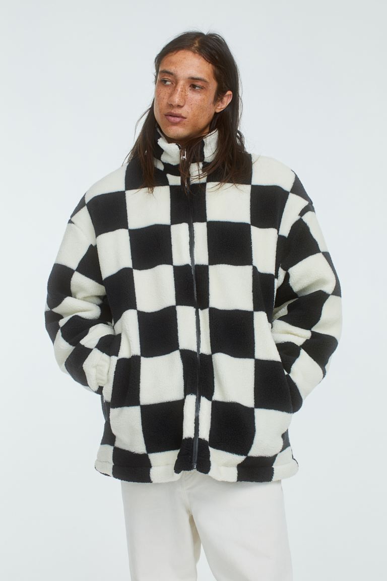 Regular Fit Fleece Jacket - Black/white checked - Men | H&M US | H&M (US + CA)