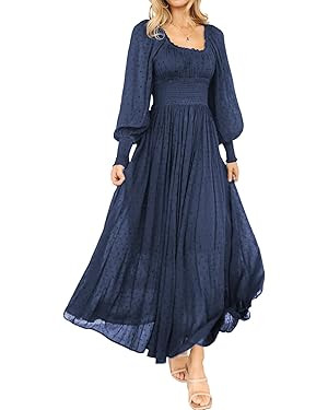 R.Vivimos Women's Puff Long Sleeve Maxi Dress Square Neck Elastic Empire Waist Swiss Dots Casual ... | Amazon (US)