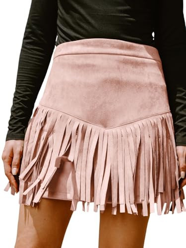 CUPSHE Women Fringe Skirts Western Cowgirl Terra Cotta High Waist Mini Skirt Suede Tassel Short Counrty Concert Pink L | Amazon (US)