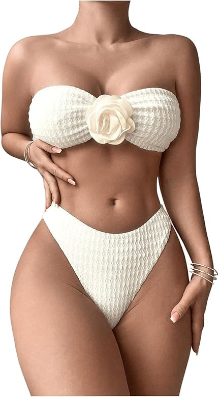 SHENHE Women's Strapless High Cut Bikini Set 3D Rosette Flower 2 Piece Bandeau Swimsuit | Amazon (US)
