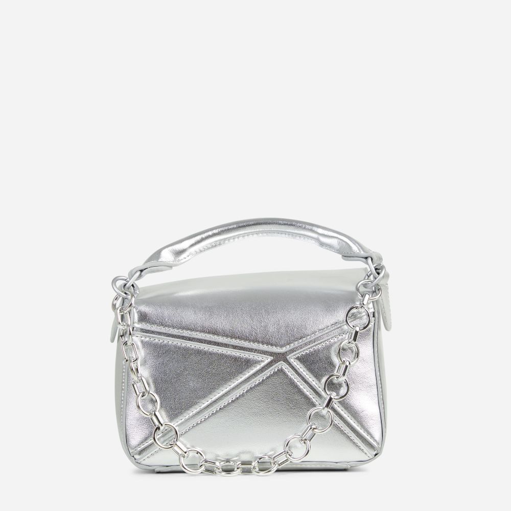 Timber Chain Detail Top Handle Grab Bag In Silver Faux Leather | EGO Shoes (US & Canada)