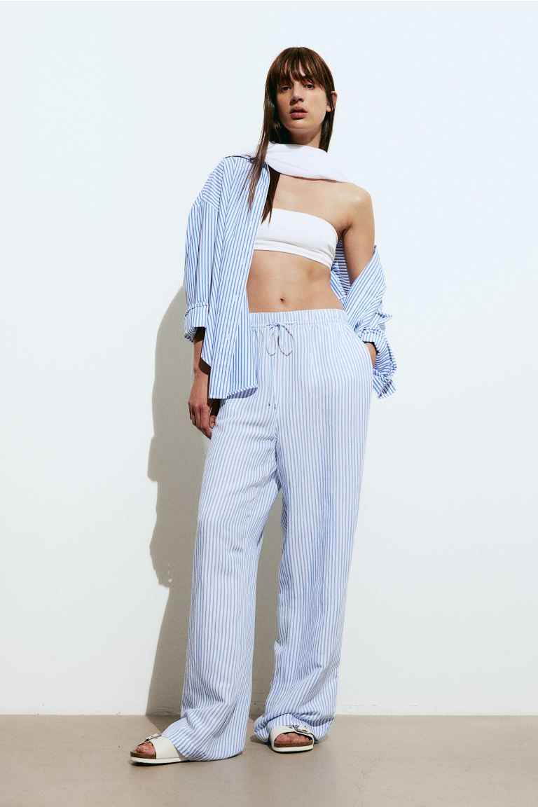 Linen-blend Pull-on Pants - High waist - Long - White/blue striped - Ladies | H&M US | H&M (US + CA)