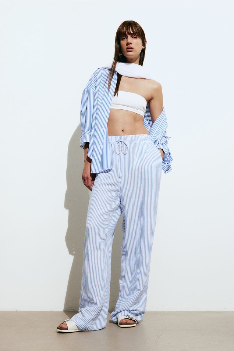 Linen-blend Pull-on Pants - White/blue striped - Ladies | H&M US | H&M (US + CA)