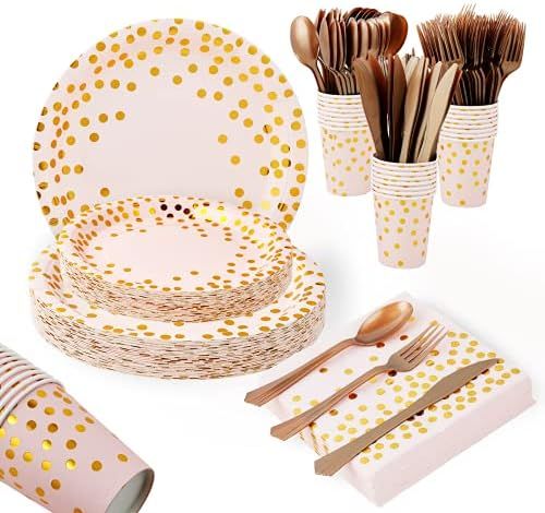 Pink and Gold Party Supplies – 175 Disposable Dinnerware Set Gold Dots on Pink Paper Plates Cup... | Amazon (US)
