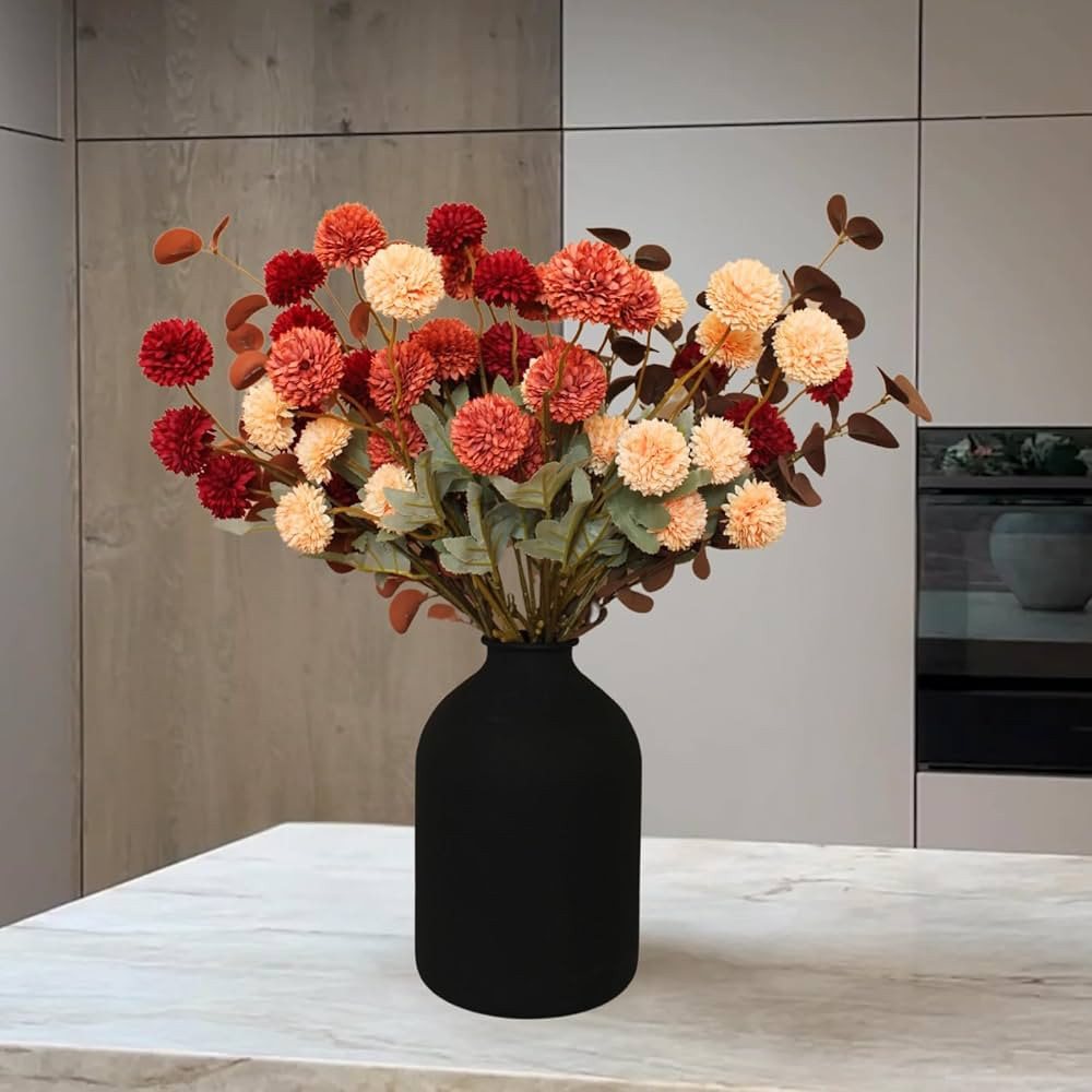 Fall Flowers, Burnt Orange Faux Kiku Flowers Artificial 10 Stems + Eucalyptus, Assorted Fake Silk... | Amazon (US)
