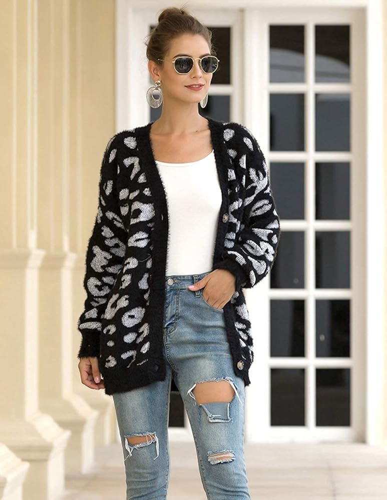 BTFBM Women Fashion Leopard Print Button Down Long Sleeve Soft Loose Knit Sweater Cardigan Coat Fall | Amazon (US)