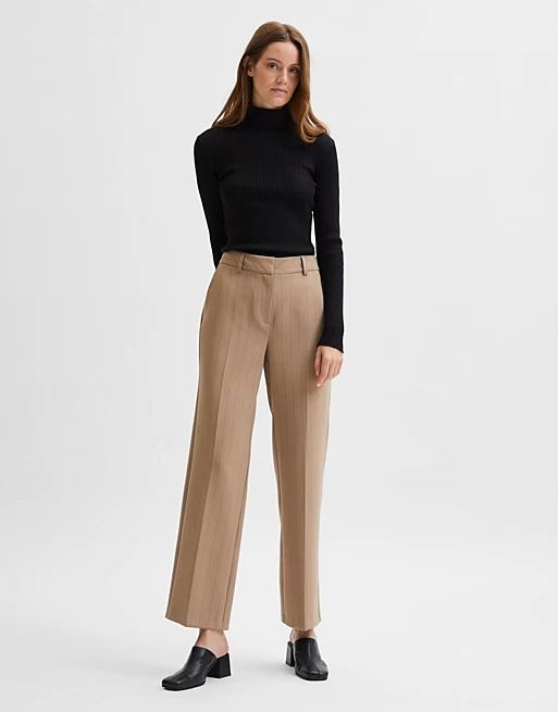 Selected Femme tailored wide leg pants with pin stripe in camel | ASOS (Global)