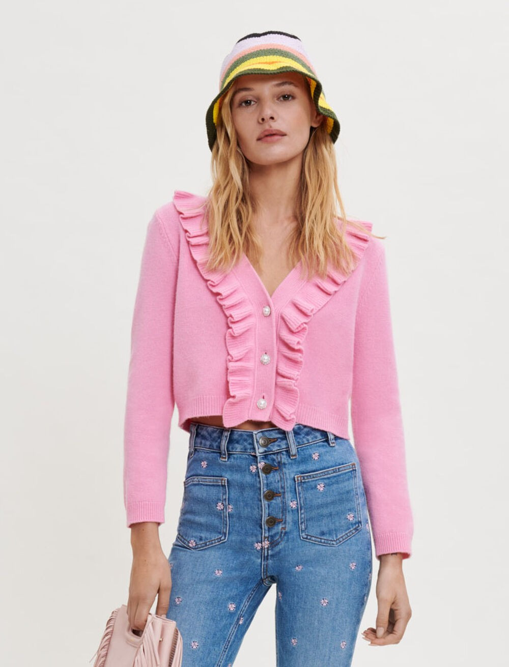 222MOLANTTI Ruffled cardigan with pearl buttons | Maje US