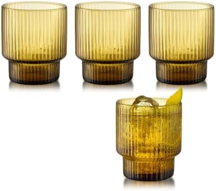 Qualia Carousel Amber Drinking Glasses Set of 4, Ribbed Glass Cups, 11 oz Fluted Cocktail Glasses... | Amazon (US)