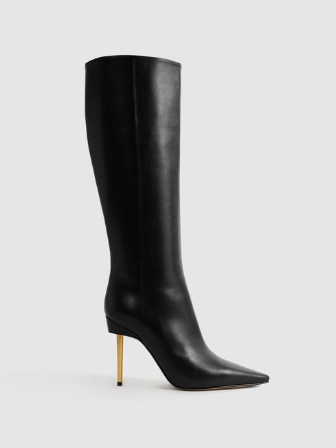 Reiss Black Naomi Atelier Italian Leather Heeled Knee-High Boots | Reiss UK
