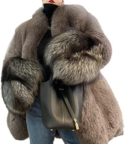 Denny&Dora Women's Fox Fur Coat Imported Silver Fox Fur Cuffs Mid-Length Jacket Blue Fox Fur Coat | Amazon (US)
