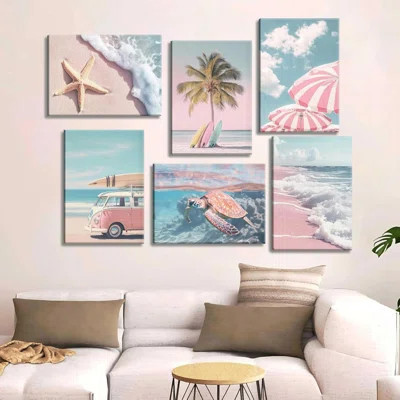 6Pcs Pink Summer Beachy Wall Art Fresh Pink Tropical Ocean Art Print Beach Chairs Starfish Surfboard Palm Tree Wall Decor Retro Coastal Canvas Picture | Wayfair North America