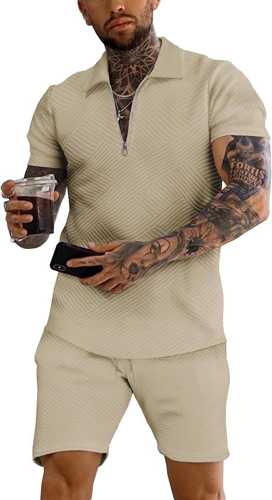 URRU Men's Polo Shirt and Shorts Set Summer Outfits Fashion Casual Short Sleeve Polo Suit for Men... | Amazon (US)