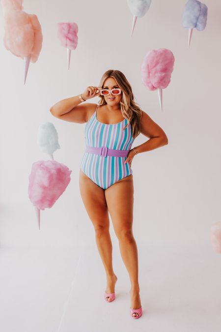 belted one piece in cotton candy stripe! 🍭 i’m in the large and runs TTS! 

#LTKcurves #LTKswim #LTKunder100
