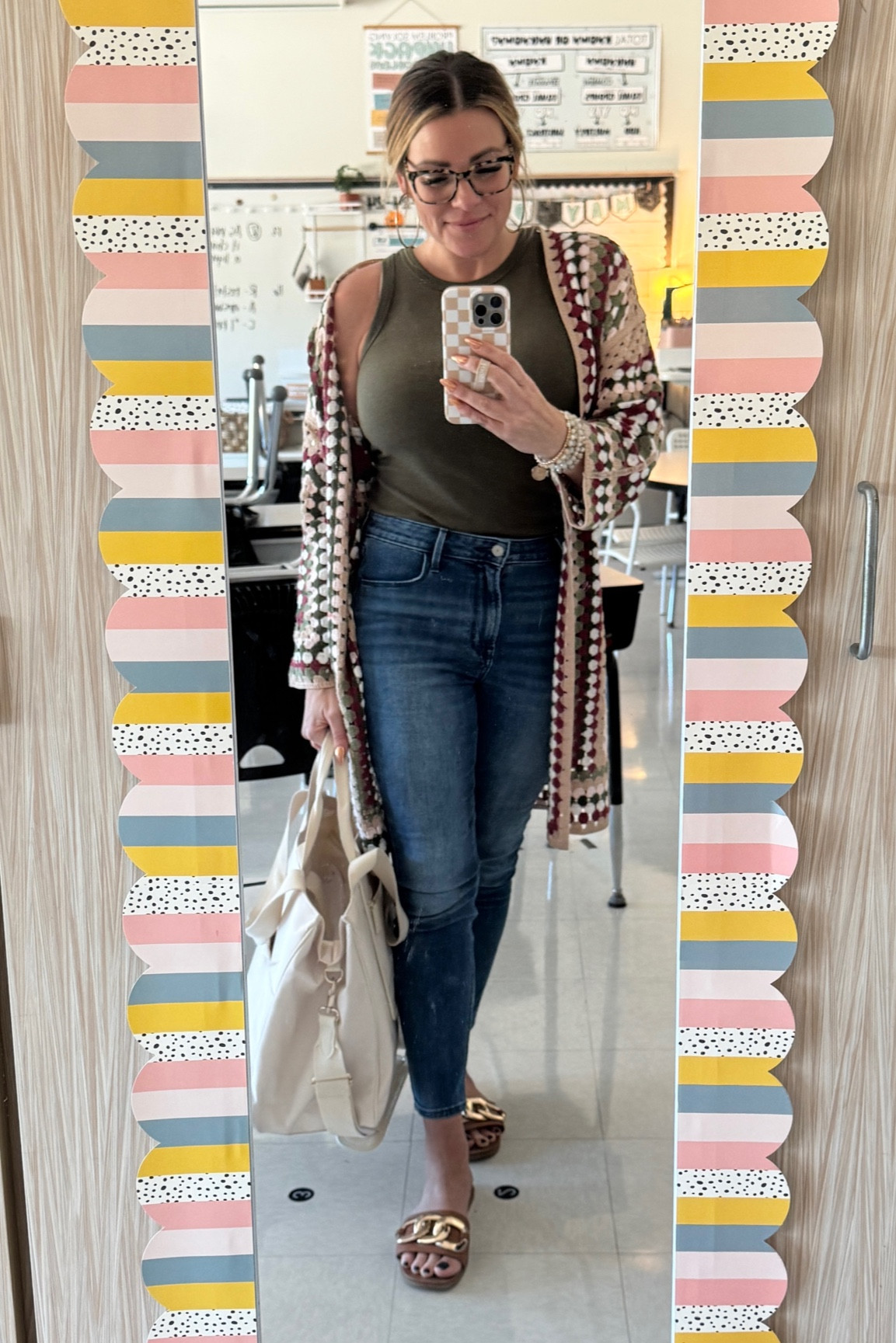 Retro vibe from the 1900s with my granny crochet sweater and skinny jeans 😜 Sweater is from Francesca's but it's not available online anymore, so I linked some similar styles. 
#ootd #whattheteacherwore 

#LTKWorkwear #LTKFindsUnder50