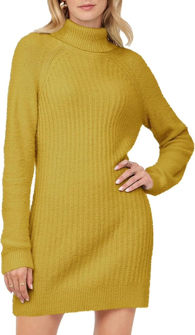 Women's 2023 Turtleneck Long Sleeve Sweater Dress Dressy Fuzzy Ribbed Bodycon Mini Knit Dresses | Amazon (US)