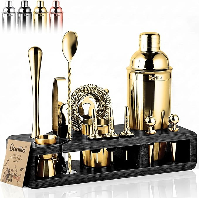 Barillio Gold Bartender Kit - Stainless-Steel Cocktail Shaker Set w/Black Bamboo Stand - Mixology... | Amazon (US)