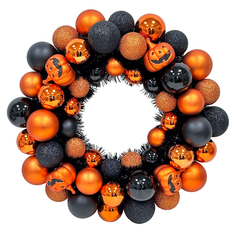 Black & Orange Ornament Wreath with Jack-o'-Lanterns, 15" | At Home