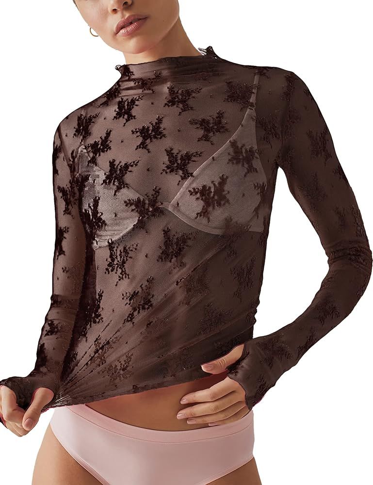 Ugerlov Women's Long Sleeve Mesh Top Mock Neck Sheer Blouse See Through Floral Lace Tops | Amazon (CA)