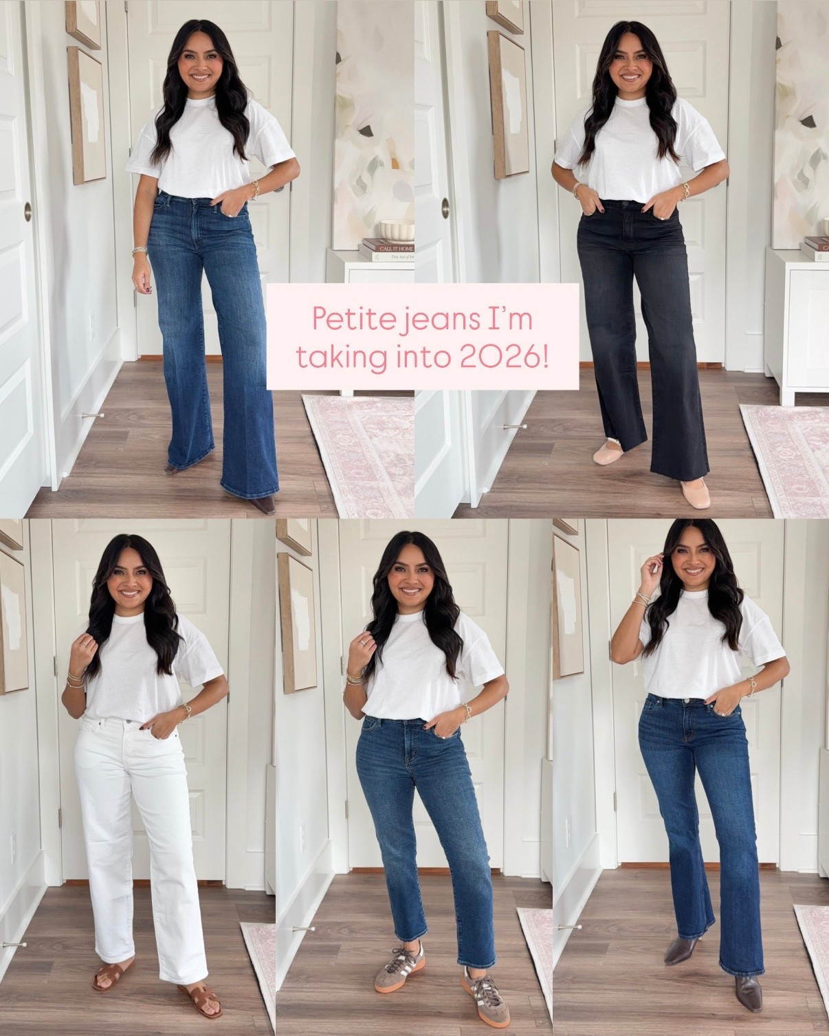 Petite Jeans I’m Taking Into 2026!
For reference: I’m 5’0, 32b bra size, and 2/26 in bottoms, pear shaped. 
*Everything I share is unaltered! TTS means true to size. Between size 5-6.6 in shoes

White tee size xs petite TTS
Heirloom wash flare jeans size 26 petite - the petite length is labeled as Lil. TTS. 29” inseam
Brown leather boots size 5.5 TTS


White tee size xs petite TTS
Black jeans size 0 regular and 0 petite - i size down a size in this brand. Petie length 25” inseam, regular 27” inseam
Tan adobe color flats size 5 TTS

White tee size xs petite TTS
White jeans size 2 petite TTS 28.5 inseam 
Brown sandals are Hermes - similar linked

White tee size xs petite TTS
Dark cove wash stovepipe jeans size 26 petite TTS 26” inseamBrown Earth Strata / Off White / Gum sneakers size 6 TTS

White tee size xs petite TTS
Midnight blue wash flare jeans size 26, 30’ inseam TTS
Brown leather boots size 5.5 TTS


petite friendly jeans
petite denim
best jeans for petites
jeans for short women
petite jeans no hemming
high waisted petite jeans
petite straight leg jeans
petite wide leg jeans
petite denim trends 2026
petite capsule wardrobe
everyday petite outfits
Short girl jeans

#LTKSaleAlert #LTKFindsUnder100 #LTKPetite