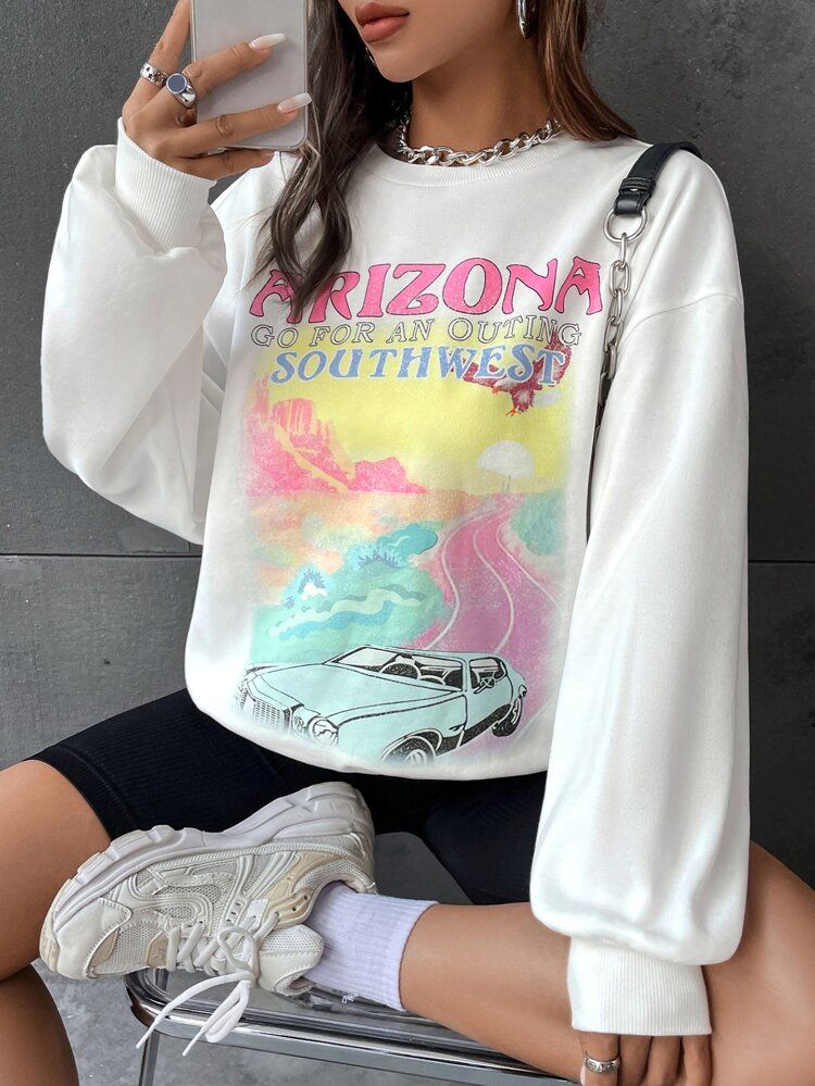 SHEIN EZwear Slogan Graphic Drop Shoulder Sweatshirt | SHEIN