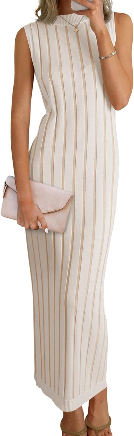 Wenrine Womens Sleeveless Sweater Dress Mock Neck Knit Tank Maxi Dresses | Amazon (US)
