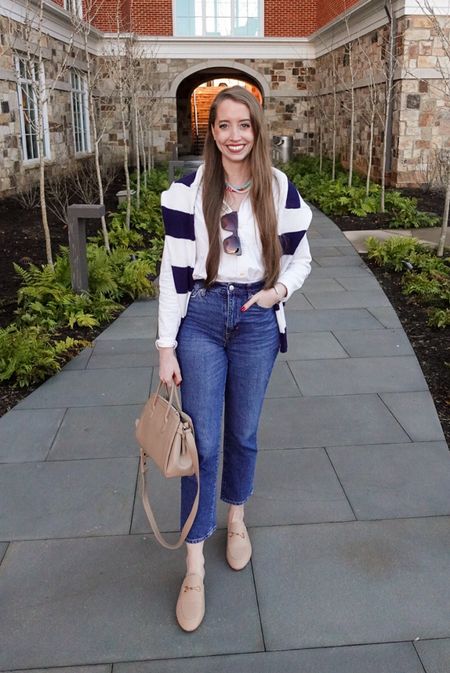 Casual spring outfit / spring staples / straight jeans / white button up shirt / amazon finds / candy necklaces / preppy / mules / Gucci loafers look for less / striped sweater / brown sunglasses 

#LTKstyletip #LTKfindsunder100 #LTKfindsunder50