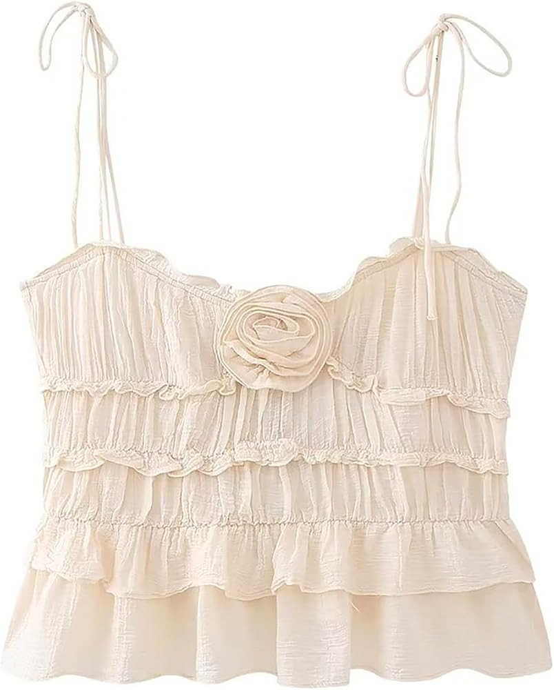 Women's Chic Ruffle Top Front Ruffle Trim Tie Spaghetti Strap Shirred Peplum Cami Top Ruffle Tops... | Amazon (US)