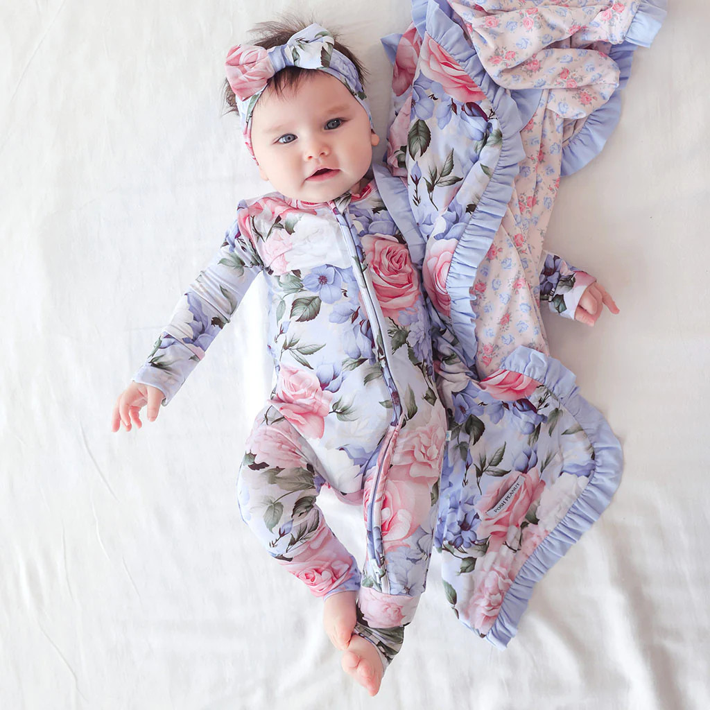 Floral Blue Reversible Marion & Laney Ruffled Luxette Patoo® Blanket | Posh Peanut® | Posh Peanut