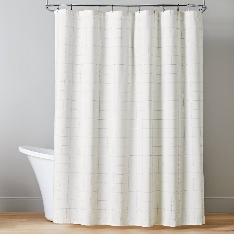 Stitched Grid Lines Woven Shower Curtain Cream/Taupe - Hearth & Hand™ with Magnolia | Target