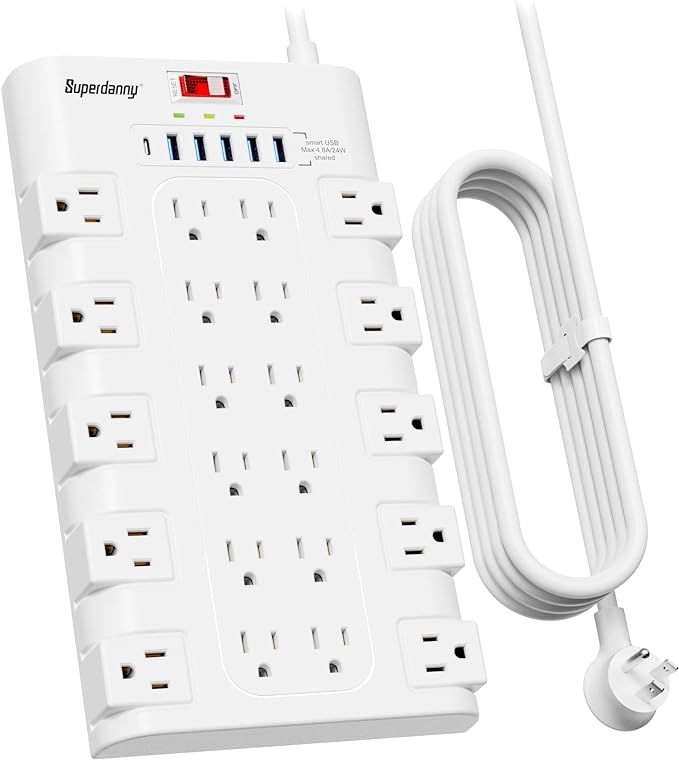 SUPERDANNY Power Strip Surge Protector with 22 AC Outlets and 6 USB Charging Ports, 6.5Ft Mountab... | Amazon (US)