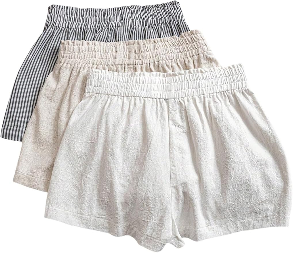 WDIRARA Women's 3 Pack Linen Shorts Elastic Waist Comfy Soft Lounge Shorts | Amazon (US)