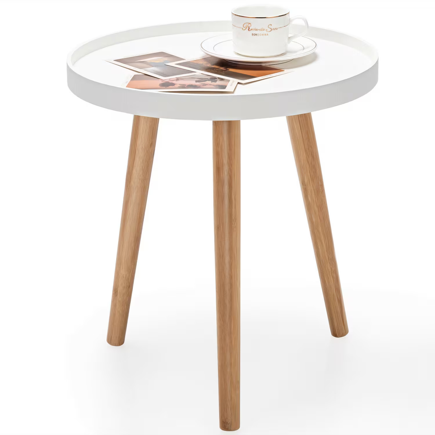 Ecooso - Mid Century Round Coffee End Side Table with Detachable Wooden Tray, Beside Table for Sofa - White | Best Buy U.S.