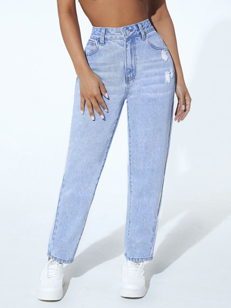 SHEIN PETITE Ripped Mom Fit Jeans | SHEIN
