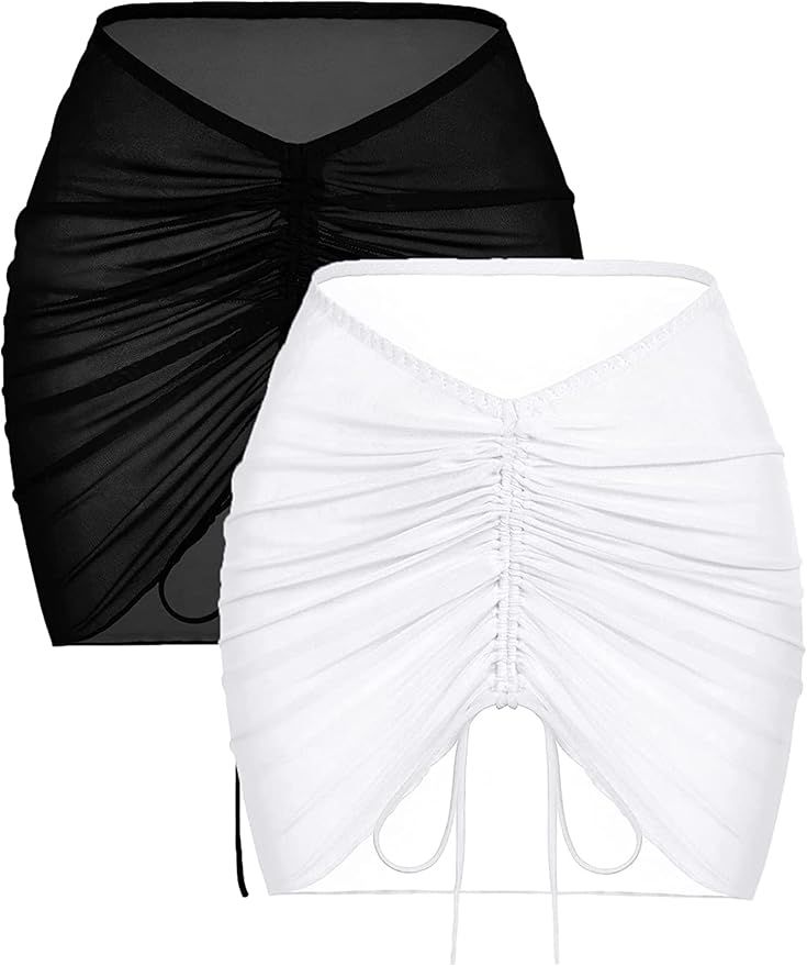 AI'MAGE 2 Pieces Women Beach Sheer Cover Ups Mesh Bikini Wrap Ruched Skirt for Swimwear S-XXL | Amazon (US)