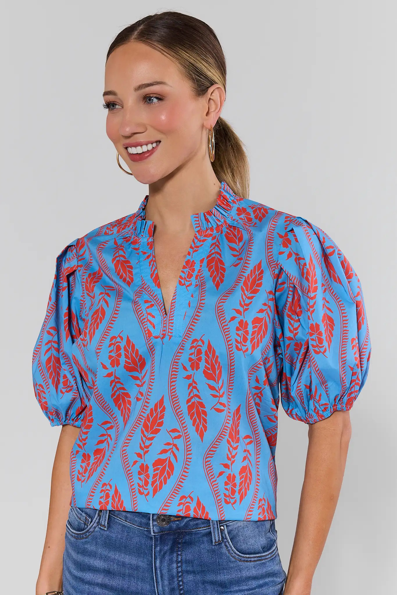 Blue Printed Puff Sleeve Top | Avara