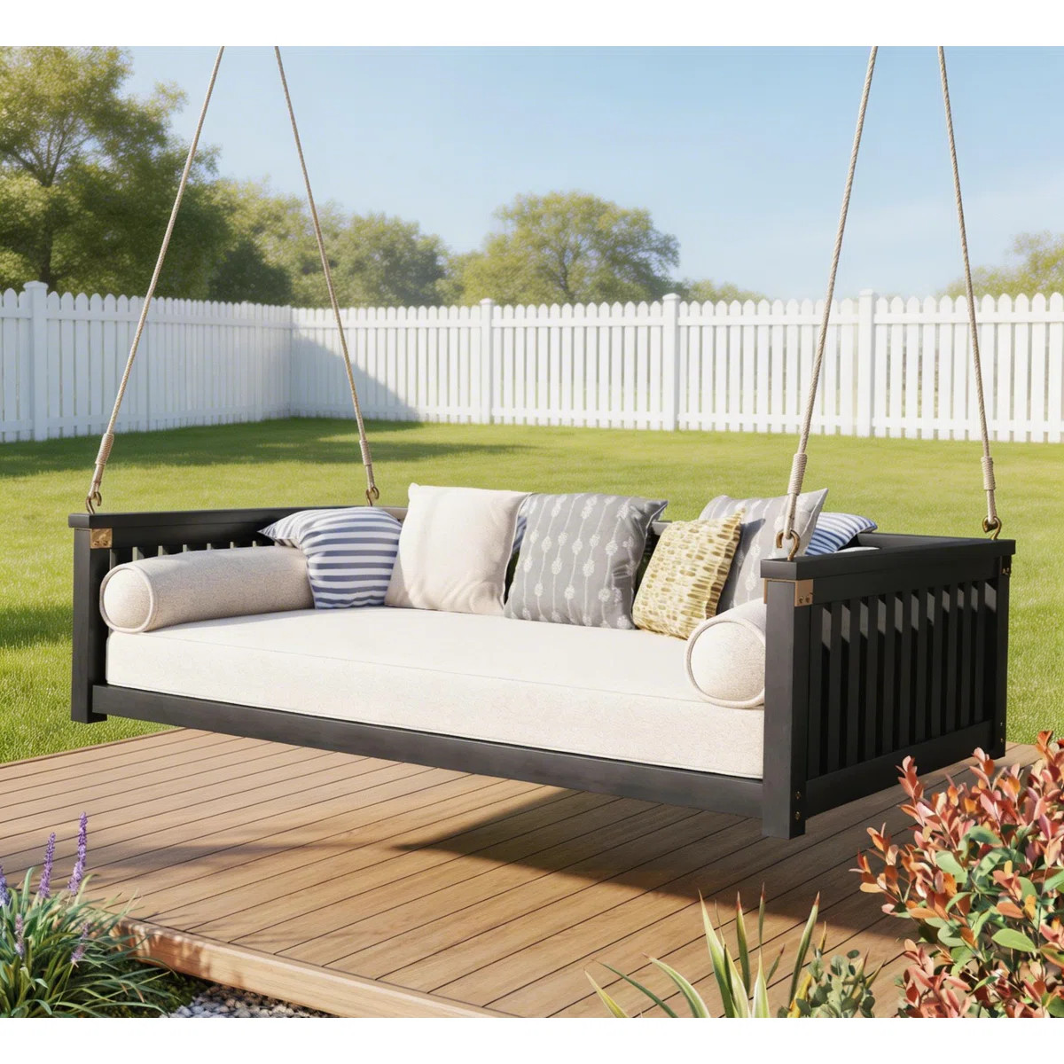 Black Acacia Wood Patio Swing Bed With 350 Lbs Capacity For 2 Person | Wayfair North America